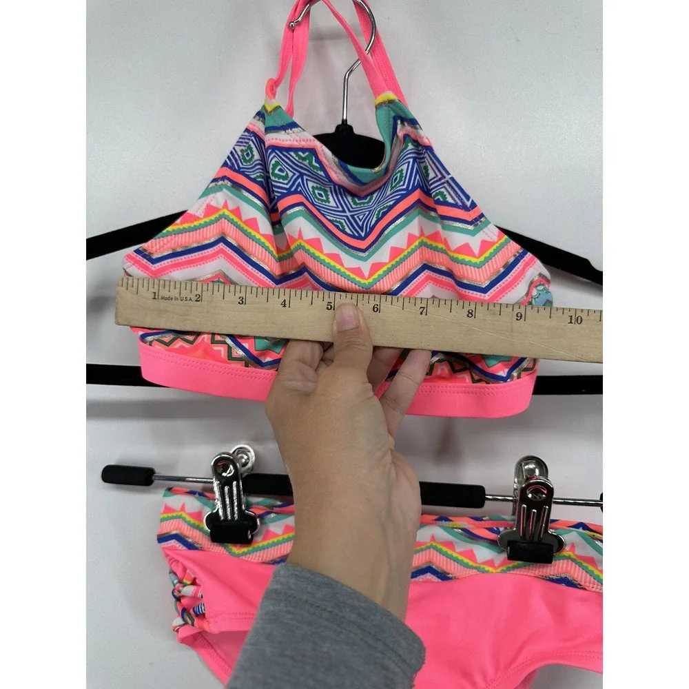 Bikini Set Bathing Suit Justice Girls Pink Geometric Print  2pc Sz 8 NEW No Tags
